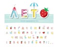 Summer Cyrillic font. Creative cartoon letters and numbers. Cute alphabet for posters, banners, birthday, clothes design