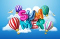 Summer 3d balloon text vector banner design. Summer balloons text in sky and clouds background with colorful air balloon. Royalty Free Stock Photo