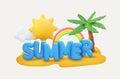 Summer 3d banner design. Realistic render scene tropical palm tree, sun, rainbow, cloud. Tropic beach objects Royalty Free Stock Photo