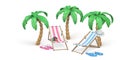 Summer 3d realistic render vector objects. Palm trees,  striped beach chairs and slippers. Vector illustration Royalty Free Stock Photo