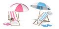 Summer 3d realistic render vector objects. Sun umbrella, beach chair, camera, hat and slippers. Vector illustration Royalty Free Stock Photo