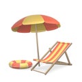Summer 3d realistic render vector objects. Sun umbrella, beach chair and swim ring. Vector illustration Royalty Free Stock Photo