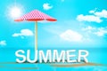 Summer (3D Rendering text) white word with beach umbrella on san