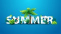 Summer 3d text banner design with white title and tropical elements in blue background for your art. Royalty Free Stock Photo