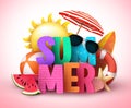 Summer 3d text vector banner design with colorful title and realistic tropical beach elements