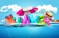 Summer 3d text vector banner design. Summer text in sea background with beach element like umbrella, sunglasses and hat for relax.