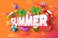 Summer 3d vector banner design. Summer 3d text with tropical elements like palm tree, hot air balloon and umbrella. Royalty Free Stock Photo