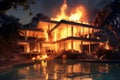 On a summer day, an aerial view captures the sight of a fire engulfing a modern villa. The flames dance and consume the