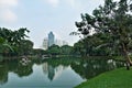 Summer day in the Bangkok park. Boats float on the quiet lake.
