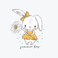 Summer day. Cute little bunny with daisy flower. Vector