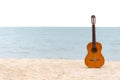 The Summer day with Guitar Classic for relax on the beautiful beach wiht copy space. Royalty Free Stock Photo