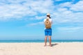 Summer Day. Happy smiling caucasian tourist asian young man holding camera for take a photo check in on the beach. Royalty Free Stock Photo