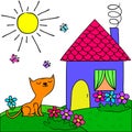 The summer day, house, kitten, butterflies, flowers, sun