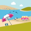 Summer day on the island beach. Pink umbrella and van.