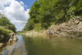 Summer day landscape with river, forest and cloudy sky Royalty Free Stock Photo