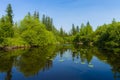 Summer day landscape with river, forest and cloudy sky Royalty Free Stock Photo