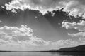 Summer day landscape with river, forest and cloudy sky Royalty Free Stock Photo