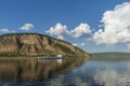 Summer day landscape with river, forest and cloudy sky and tanker Royalty Free Stock Photo