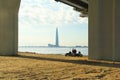 Summer day and meeting friends on the banks of the Neva River