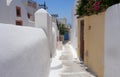 Summer day on a narrow street in Emporio, on the island of Santorini