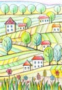 Summer day. Rural landscape with houses, trees and fields. Colorful pencil drawing