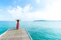 Summer Day. Smiling women relax and wearing red dress fashion standing on the wooden bridge over the sea, blue sky background Royalty Free Stock Photo