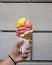 Summer day sweet treat of gelato in a waffle cone