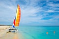Varadero beach in Cuba with a colorful sailboat Royalty Free Stock Photo