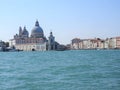 Summer day view from the water to the Venetian lagoon with the Basilica of Santa Maria della Salute in Venice, Italy