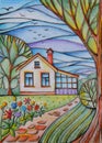 Summer day in village. Small country house in the garden with flowers, trees and paved path. Drawing by colored pencils