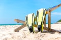 Summer Day. Yellow diving fins laying on the beach, Royalty Free Stock Photo