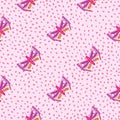 Summer decorative seamless pattern with lilac butterfly elements print. Light background with dots