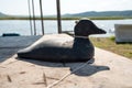 A decoy wooden duck for duck hunting stands on a table, against the backdrop of a lake Royalty Free Stock Photo