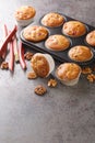 Summer delicious muffins with rhubarb and walnuts close-up in a baking dish. Vertical Royalty Free Stock Photo