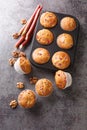 Summer delicious muffins with rhubarb and walnuts close-up in a baking dish. Vertical top view Royalty Free Stock Photo