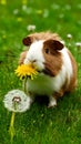 Summer delight Guinea pig munches on fresh dandelion flower Royalty Free Stock Photo