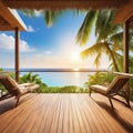 summer delight wooden balcony patio deck with sunlight and coconut tree panorama view house interior mock up design