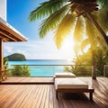 summer delight wooden balcony patio deck with sunlight and coconut tree panorama view house interior mock up design