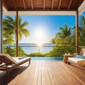 summer delight wooden balcony patio deck with sunlight and coconut tree panorama view house interior mock up design