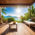 summer delight wooden balcony patio deck with sunlight and coconut tree panorama view house interior mock up design