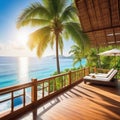 summer delight wooden balcony patio deck with sunlight and coconut tree panorama view house interior mock up design