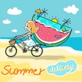 Summer delivery holiday bikini girls riding bicycle on the beach hand drawn cartoon vector Royalty Free Stock Photo