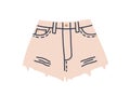 Summer denim shorts. Jeans clothes with pockets and frayed raw hem. Fashion casual women garment with stitches. Flat vector