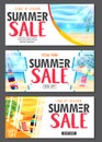 Summer Design Banner with 3D Realistic Beach Resort and Seashore Seascape View with Palm Leaves