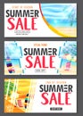 Summer Design Banner with 3D Realistic Beach Resort and Seashore Seascape View with Palm Leaves, Umbrella, Surfboard