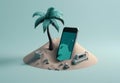 creative palm sea mock summer up holiday phone sand cyber concept. Generative AI.