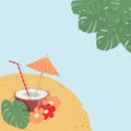 Summer design concept with cocktail in half coconut with straw, parasol and flowers on sandy beach Royalty Free Stock Photo