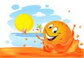 Summer design with cute orange fruit in juice splash on the beach Royalty Free Stock Photo