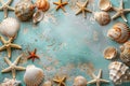 summer design frame of seashells and starfish on a blue concrete background top view with copy space Royalty Free Stock Photo
