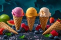 Summer Dessert Concept Vibrant Assortment Of Handmade Creamy And Fruity Ice Cream Cones Royalty Free Stock Photo